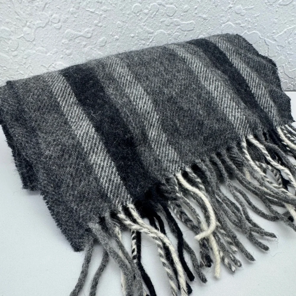John Hanly Ireland‎ Lambswool Striped Scarf Fringe Minor Holes Cozy Winter